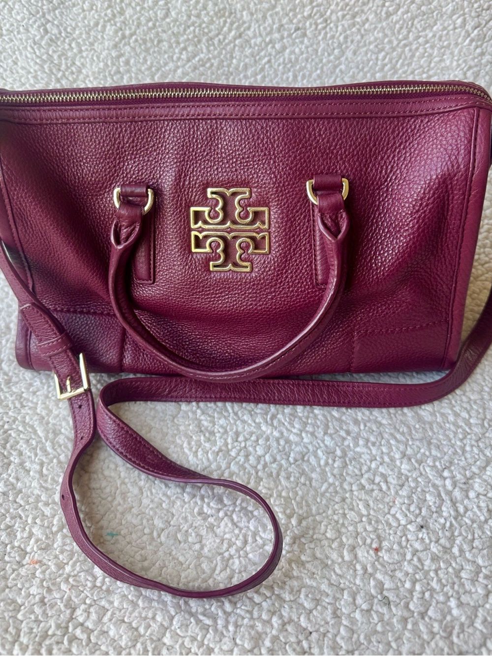 Tory Burch Pebbled Leather Satchel in Berry Plum with Gold Hardware
